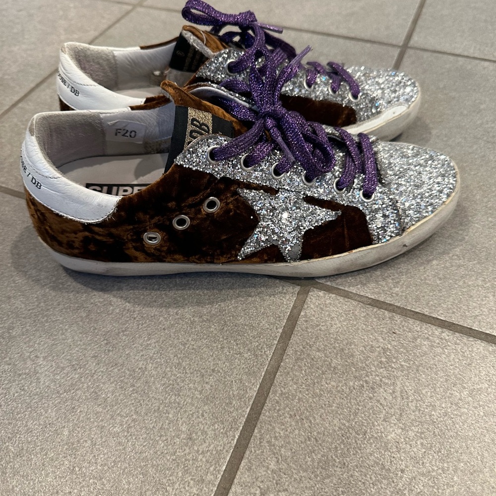 Golden Goose Superstar brown crushed velvet glitter purple laces Sneakers 38